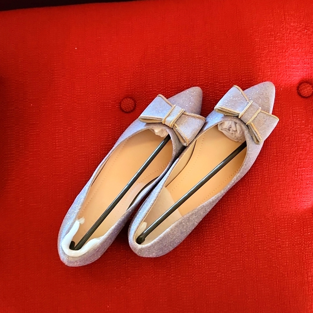 MingLiCheng Silver-Blue Glittery shoes with chunky gold heels, women's size 9